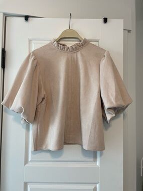THML Blush Beige Puff Sleeve Top with Ruffle Neck
